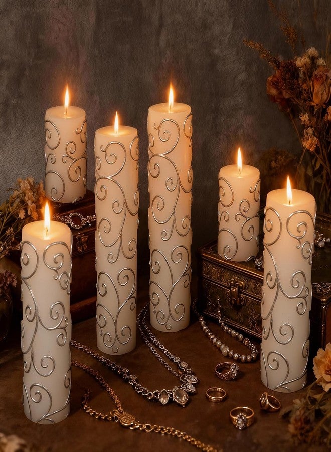 Veiuwa 6-Pack White Pillar Candles with Embossed Silver Patterns for Home Decor & Cozy Ambiance, Vintage White Candles (2x3/6/8 Inch), Dripless Smokeless Clean-Burning for Table, Mantel, Holidays - Image 2